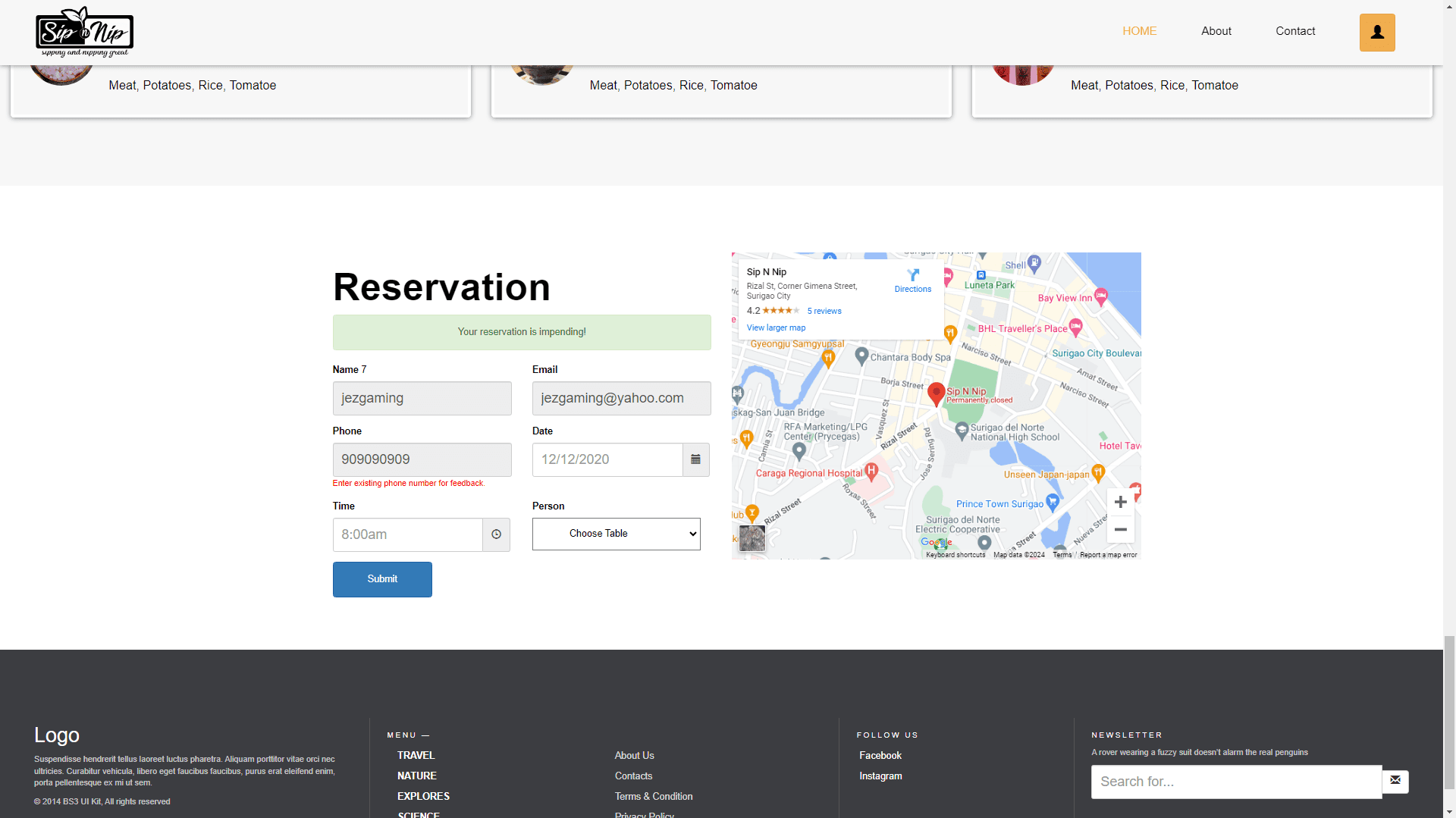 SIP N NIP ordering and reservation system interface